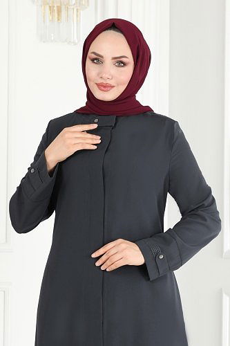 moda selvim Nakış İşlemeli Medine İpeği Ferace 25212PD194 Antrasit - Thumbnail