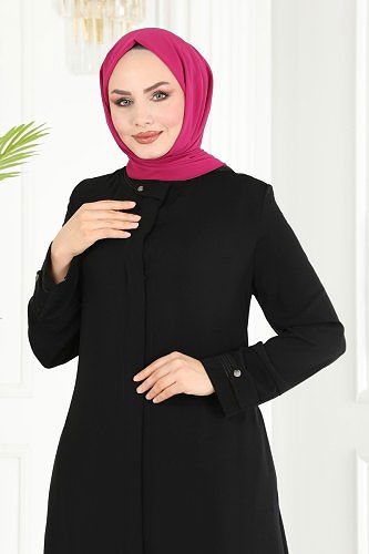 moda selvim Nakış İşlemeli Medine İpeği Ferace 25212PD194 Siyah - Thumbnail