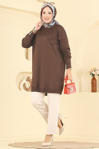 moda selvim Nakış İşlemeli Merserize Tunik 3303NVX1208 Açık Kahve - Thumbnail