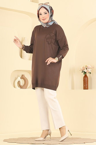 moda selvim Nakış İşlemeli Merserize Tunik 3303NVX1208 Açık Kahve - Thumbnail
