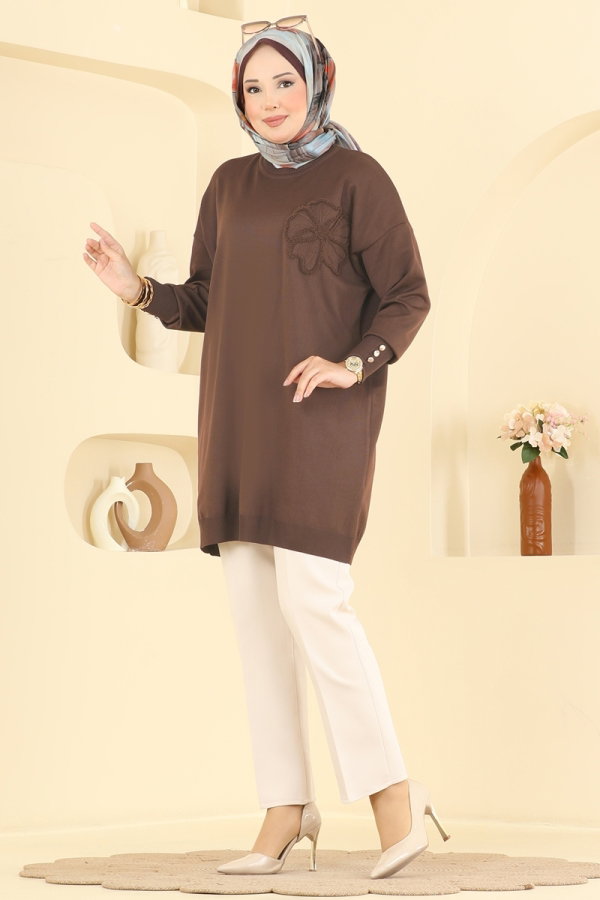 Modaselvim Tunik Nakış İşlemeli Merserize Tunik 3303NVX1208 Açık Kahve