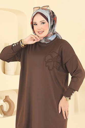 moda selvim Nakış İşlemeli Merserize Tunik 3303NVX1208 Açık Kahve - Thumbnail