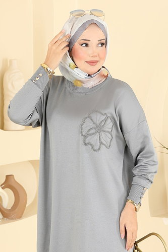moda selvim Nakış İşlemeli Merserize Tunık 3303NVX1208 Gri - Thumbnail