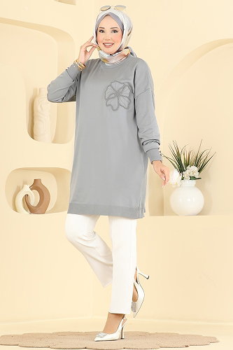 moda selvim Nakış İşlemeli Merserize Tunık 3303NVX1208 Gri - Thumbnail