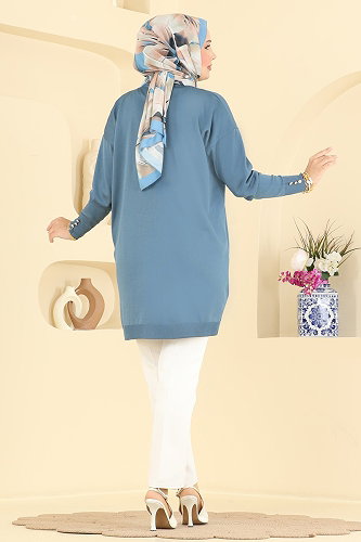 moda selvim Nakış İşlemeli Merserize Tunık 3303NVX1208 İndigo - Thumbnail