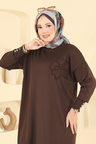 moda selvim Nakış İşlemeli Merserize Tunık 3303NVX1208 Kahve - Thumbnail