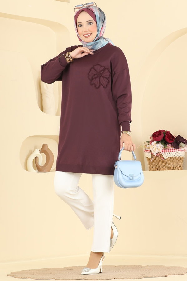 Modaselvim Tunik Nakış İşlemeli Merserize Tunık 3303NVX1208 Mürdüm
