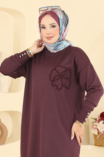 moda selvim Nakış İşlemeli Merserize Tunık 3303NVX1208 Mürdüm - Thumbnail