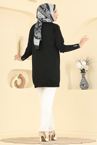 moda selvim Nakış İşlemeli Merserize Tunık 3303NVX1208 Siyah - Thumbnail