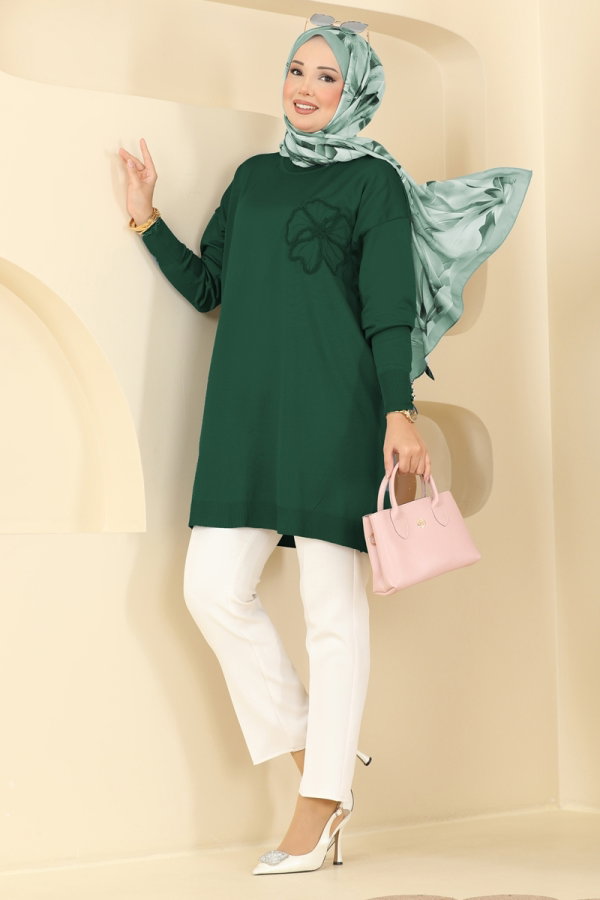 Modaselvim Tunik Nakış İşlemeli Merserize Tunik 3303NVX1208 Zümrüt