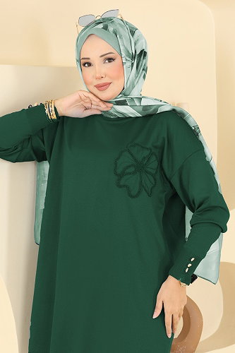 moda selvim Nakış İşlemeli Merserize Tunik 3303NVX1208 Zümrüt - Thumbnail