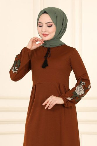 moda selvim Nakış İşlemeli Mira Elbise 1512UKB139 Taba - Thumbnail
