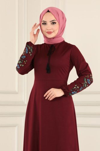 moda selvim Nakış İşlemeli Mira Elbise 1516UKB139 Bordo - Thumbnail
