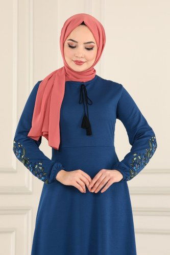 moda selvim Nakış İşlemeli Mira Elbise 1516UKB139 İndigo - Thumbnail