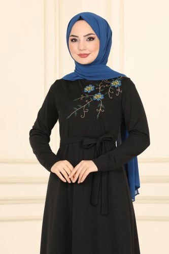 moda selvim Nakış İşlemeli Mira Elbise 1527UKB139 Siyah - Thumbnail