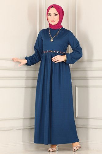 moda selvim Nakış İşlemeli Mira Elbise 1529UKB139 İndigo - Thumbnail