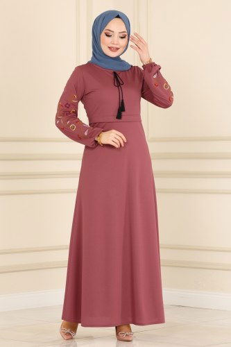 moda selvim Nakış İşlemeli Mira Elbise 1541UKB139 Gül Kurusu - Thumbnail