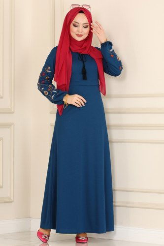 moda selvim Nakış İşlemeli Mira Elbise 1541UKB139 İndigo - Thumbnail