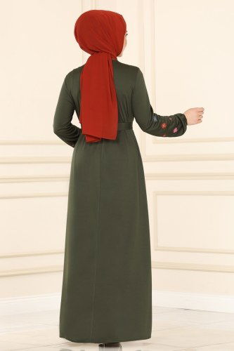 moda selvim Nakış İşlemeli Mira Elbise 1690SH396 Haki - Thumbnail