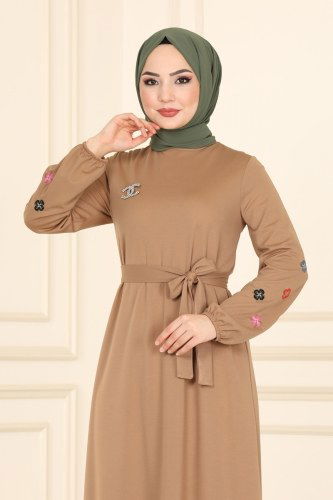 moda selvim Nakış İşlemeli Mira Elbise 1690SH396 Latte - Thumbnail