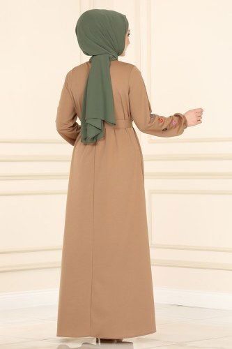 moda selvim Nakış İşlemeli Mira Elbise 1690SH396 Latte - Thumbnail