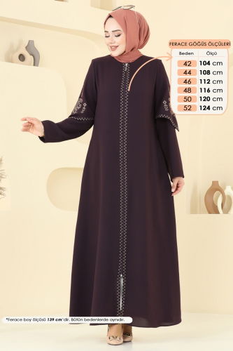 moda selvim Nakış İşlemeli Pardesü Ferace 109OZT1013 Mürdüm - Thumbnail