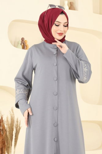 moda selvim Nakış İşlemeli Pardesü Ferace 23007UKB139 Gri - Thumbnail