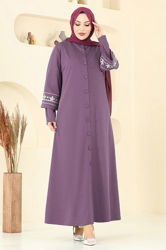 moda selvim Nakış İşlemeli Pardesü Ferace 23007UKB139 Lila - Thumbnail