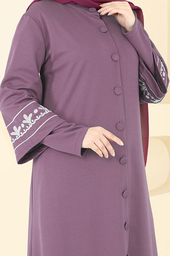 moda selvim Nakış İşlemeli Pardesü Ferace 23007UKB139 Lila - Thumbnail