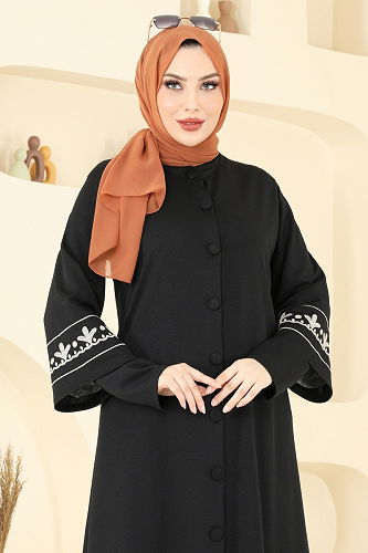 moda selvim Nakış İşlemeli Pardesü Ferace 23007UKB139 Siyah - Thumbnail
