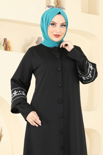 moda selvim Nakış İşlemeli Pardesü Ferace 23007UKB139 Siyah&Gri - Thumbnail