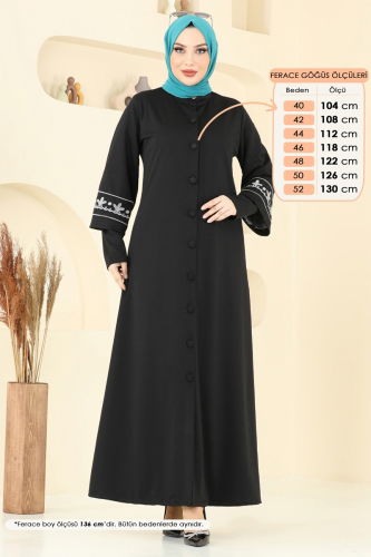 moda selvim Nakış İşlemeli Pardesü Ferace 23007UKB139 Siyah&Gri - Thumbnail
