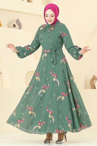 moda selvim Nakış İşlemeli Şifon Elbise 5682EDF311 Çağla - Thumbnail