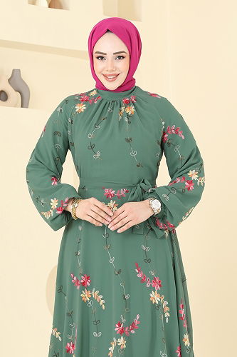 moda selvim Nakış İşlemeli Şifon Elbise 5682EDF311 Çağla - Thumbnail