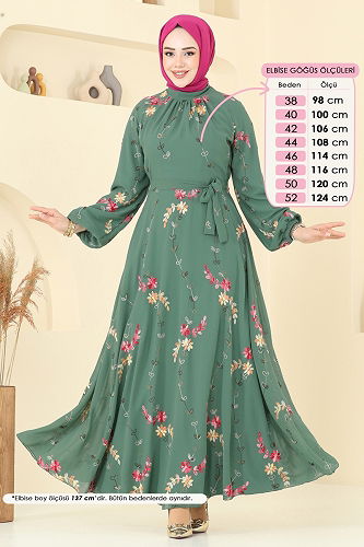 moda selvim Nakış İşlemeli Şifon Elbise 5682EDF311 Çağla - Thumbnail