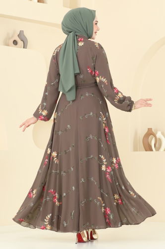 moda selvim Nakış İşlemeli Şifon Elbise 5682EDF311 Koyu Vizyon - Thumbnail
