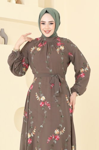 moda selvim Nakış İşlemeli Şifon Elbise 5682EDF311 Koyu Vizyon - Thumbnail