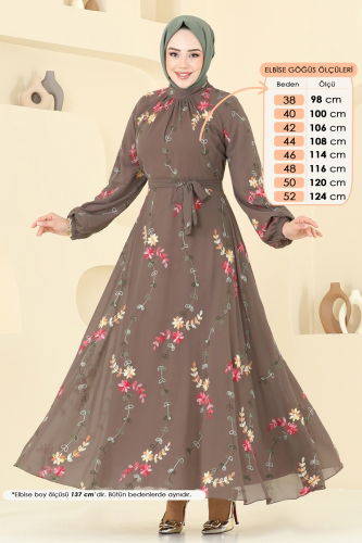 moda selvim Nakış İşlemeli Şifon Elbise 5682EDF311 Koyu Vizyon - Thumbnail