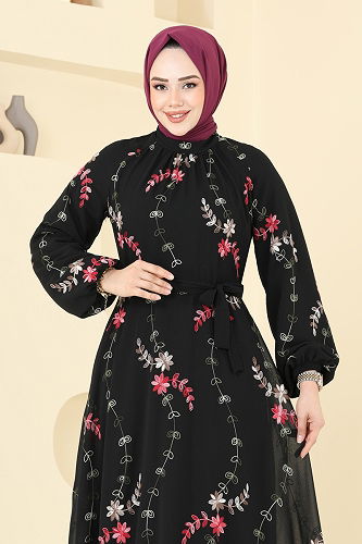 moda selvim Nakış İşlemeli Şifon Elbise 5682EDF311 Siyah - Thumbnail