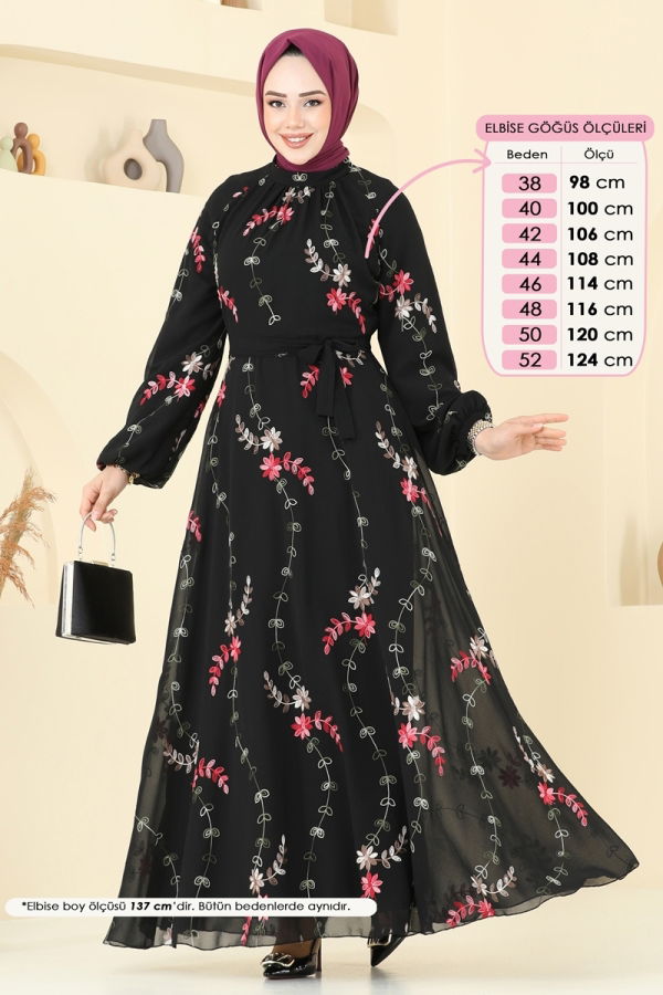 Modaselvim Elbise Nakış İşlemeli Şifon Elbise 5682EDF311 Siyah