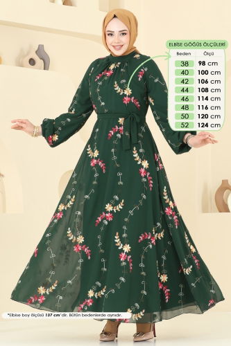 moda selvim Nakış İşlemeli Şifon Elbise 5682EDF311 Zümrüt - Thumbnail