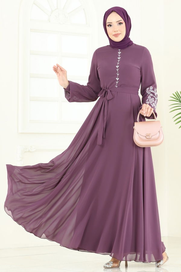 Modaselvim Elbise Nakış İşlemeli Şifon Elbise 8022AB368 Koyu Lila