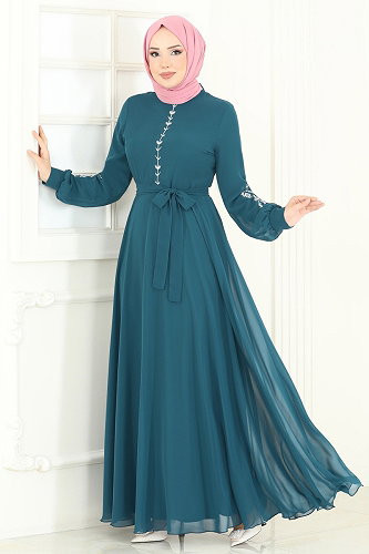 moda selvim Nakış İşlemeli Şifon Elbise 8022AB368 Petrol - Thumbnail