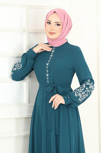 moda selvim Nakış İşlemeli Şifon Elbise 8022AB368 Petrol - Thumbnail