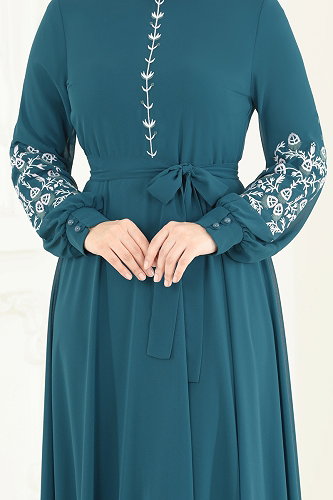 moda selvim Nakış İşlemeli Şifon Elbise 8022AB368 Petrol - Thumbnail