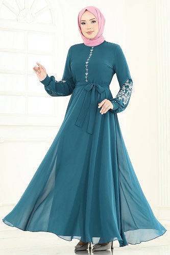 moda selvim Nakış İşlemeli Şifon Elbise 8022AB368 Petrol - Thumbnail