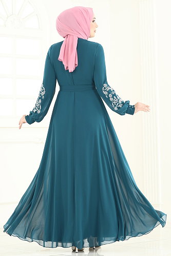 moda selvim Nakış İşlemeli Şifon Elbise 8022AB368 Petrol - Thumbnail