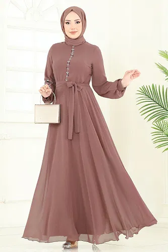 moda selvim Nakış İşlemeli Şifon Elbise 8022AB368 Pudra Vizyon - Thumbnail