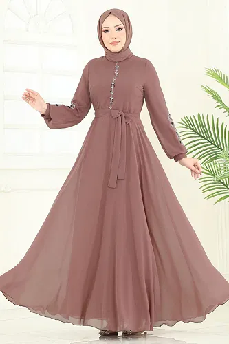 moda selvim Nakış İşlemeli Şifon Elbise 8022AB368 Pudra Vizyon - Thumbnail