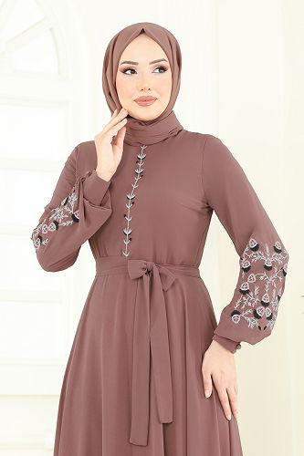 moda selvim Nakış İşlemeli Şifon Elbise 8022AB368 Pudra Vizyon - Thumbnail